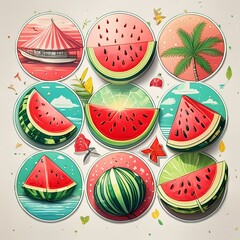 ircular Watermelon Stickers featuring a playful arrangement of watermelon slices