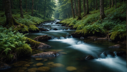 Fototapeta premium long exposure photograph of a river flowing through a forest