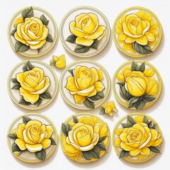 Circular Yellow Rose Stickers showcasing illustrations of sunbeam roses,
