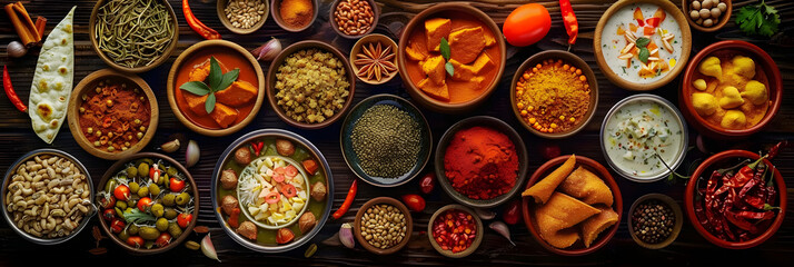 Top view of a colorful assortment of Indian food beautifully arranged on a table. The rich flavors and vibrant culinary culture of India. 