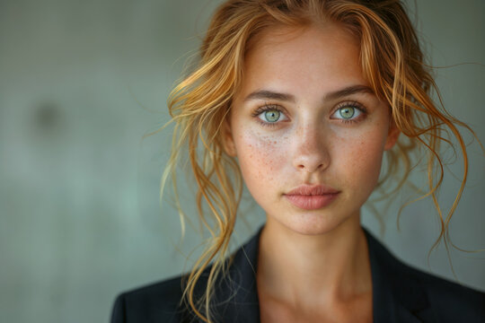 Close-up of young caucasian woman with green eyes in business suit against plain background