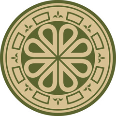 Vector green with black round ancient Byzantine ornament. Classical circle of the Eastern Roman Empire, Greece. Pattern motifs of Constantinople