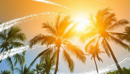 Summertime background with palm trees, summer sun and white brush strokes for your season
