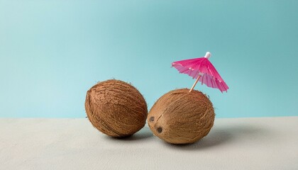Tropical beach concept made of coconut fruit and sun umbrella.