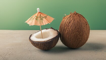Tropical beach concept made of coconut fruit and sun umbrella.