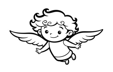 Obraz premium Cute Cupid with shooting an arrow doodle art vector. Outline little angel, amur baby. Design for Valentines day, cards, posters, template