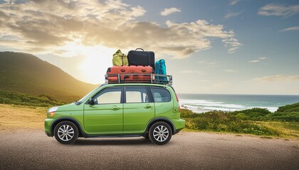Fototapeta premium Green car with luggage ready for summer holidays