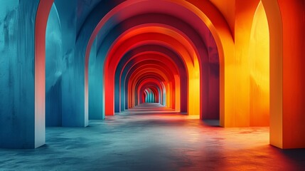 A long, colorful tunnel with a bright orange wall