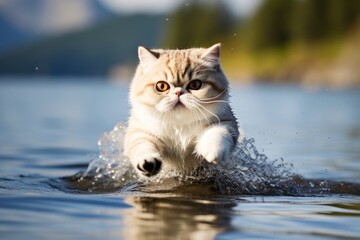 Environmental portrait photography of a smiling exotic shorthair cat pouncing in front of tranquil lake