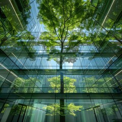 Sustainable green building Ecofriendly building Sustainable glass office building with tree for reducing carbon dioxide Office with green environment Corporate building reduce CO2