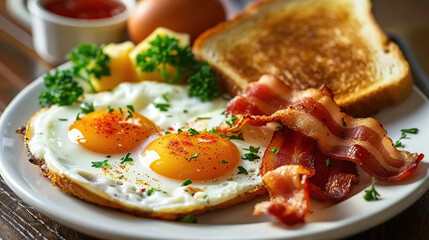 The breakfast table is adorned with a tempting ensemble a fried egg, crispy bacon, and sliced tomatoes,a savory morning delight