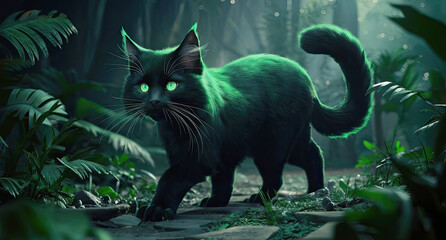The world of magic and mystery a glowing green cat with a cat of midnight black roams freely.