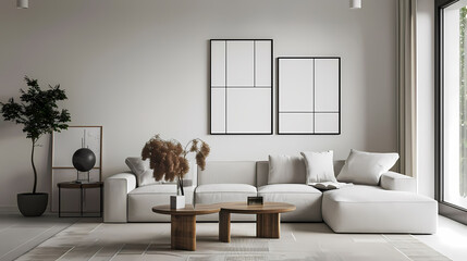 person >'s minimalist living room features a white couch adorned with white pillows, complemented by a brown wooden table and a black vase the room is illuminated by a white light