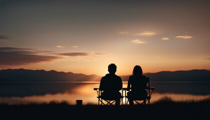 Obraz premium ilhouette of couple sitting on camping chair and watching sunset view 