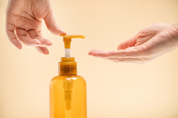 Disinfectant gel, oil in hands wipe hand hygiene, coronavirus virus prevention. Gentle Hand Skin...