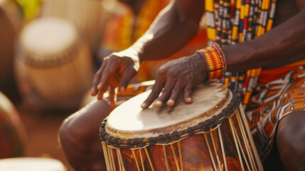 A african man playing traditional drums during a cultural performance