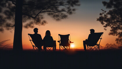 ilhouette of couple sitting on camping chair and watching sunset view
