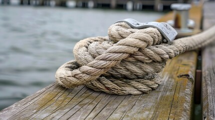 Close-up of a nautical mooring rope with its knotted end wrapped around a cleat on a wooden pier