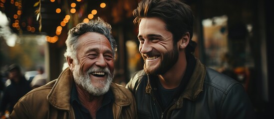 Obraz premium an adult son hugs his father cheerfully in the yard, with a smile of family love