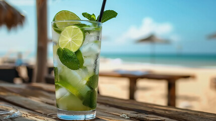 Mojito at a serene beach setting, offering a refreshing escape and a tropical sip of relaxation