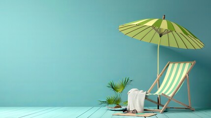 Blue background with beach accessories, a green umbrella, and a deck chair