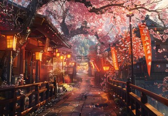 Traditional Japanese street, architecture, minimal, stunning cherry blossoms, clean, created with AI