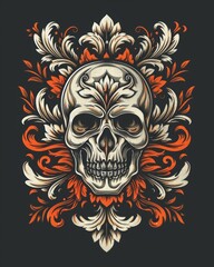 A vibrant skull adorned with intricate floral patterns and ornate details