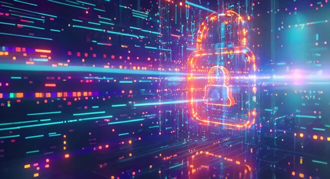 Digital lock cyber ​​security, glowing, futuristic, internet data business and financial transaction protection, cyber attack defense, user privacy data encryption AI	