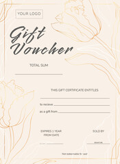Floral gift voucher template. Elegant vector gift certificate with golden tulips flowers. Design template with hand drawn flowers for spa, beauty salon, shops.