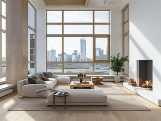 Fototapeta premium Modernes Wohnzimmer im skandinavischen Einrichtungsstil mit Kamin und großen Fenstern mit Blick auf die Stadt