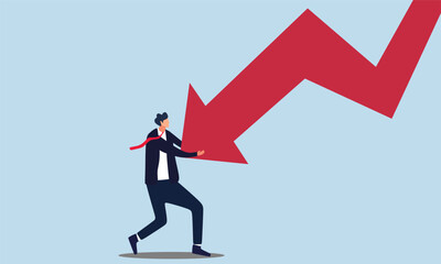 Bankrupt businessman pushed by downward arrow vector concept. Symbol of bankruptcy, failure, recession, crisis and financial losses on stock exchange market