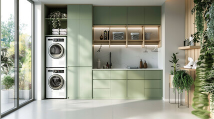 Bright and Airy Modern Laundry Room with Green Cabinets