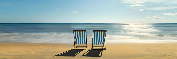 two empty deck chairs set up on a sandy beach in front of the ocean