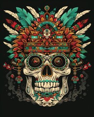 A skull featuring vibrant feathers on its head, surrounded by tribal masks and cultural motifs, isolated on a black background