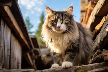 Obraz premium Full-length portrait photography of a curious norwegian forest cat climbing in rustic barn