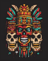 Naklejka premium A group of skulls wearing hats adorned with tribal totems and ancient symbols