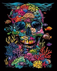 A skull is surrounded by vibrant corals and fish in an artistic representation of an underwater scene