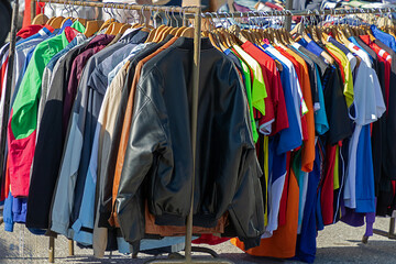 Colorful second hand clothes sold outdoors on flea market