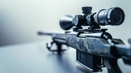 Fototapeta na wymiar Sniper rifle with metallic finish, photographed in a studio against a white background.