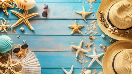 Summer beach accessories on blue wooden planks