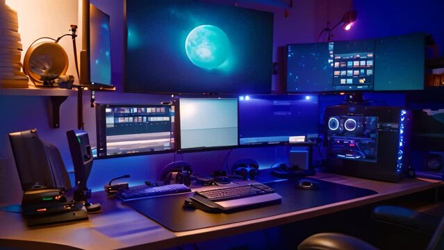 A desk filled with numerous computer monitors displaying various applications and programs, A multi-monitor computer setup at home