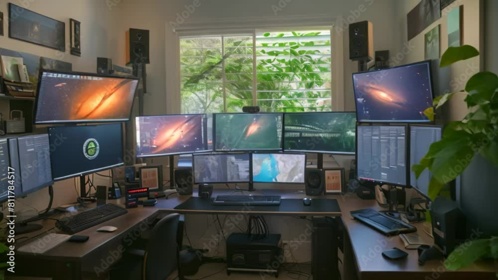 Poster a room with several computer monitors and a laptop set up for work or gaming, a multi-monitor comput