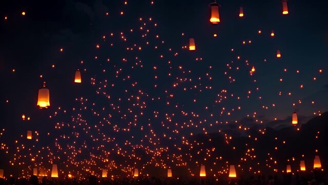 Sky Filled With Floating Lanterns, A multitude of paper lanterns released into the night sky in remembrance on Memorial Day