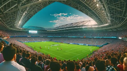 A packed stadium with thousands of enthusiastic soccer fans watching an intense match, A panoramic view of a crowded rugby stadium during a championship game