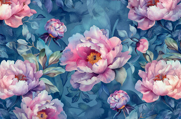 watercolour pink peonies large buds and unopened buds on a blue background