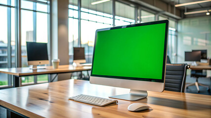 A sleek modern office featuring a computer monitor with a green screen, set on a wooden desk, perfect for mock-up designs.