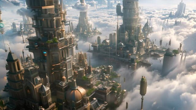 A Futuristic City Surrounded by Clouds in the Sky, A parallel universe featuring a twisted version of a familiar earth city