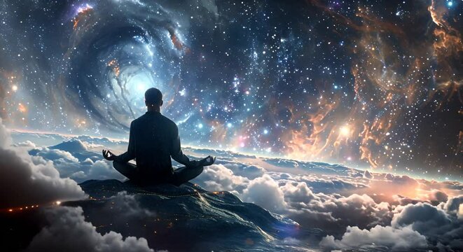 Meditating man in space, art cartoon colorful, Buddhism, spirituality, zen, prayer	