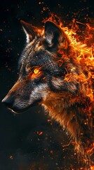 Fiery wolf gaze in a mystical black space