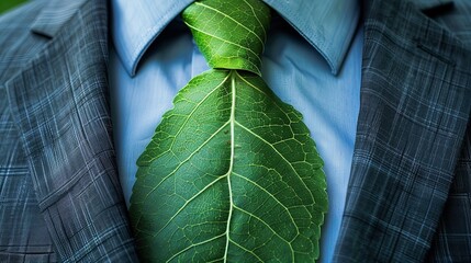 Unveiling green power in business, this image captures a leaf tie, symbolizing the seamless integration of sustainability into modern corporate fashion.